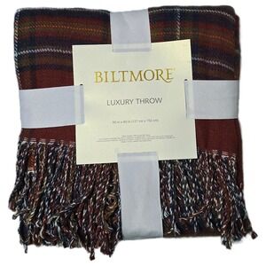 Biltmore Luxury Throw Plaid Red Blue Brown Fringe 50‎ x 60 Wool Acrylic( AA)